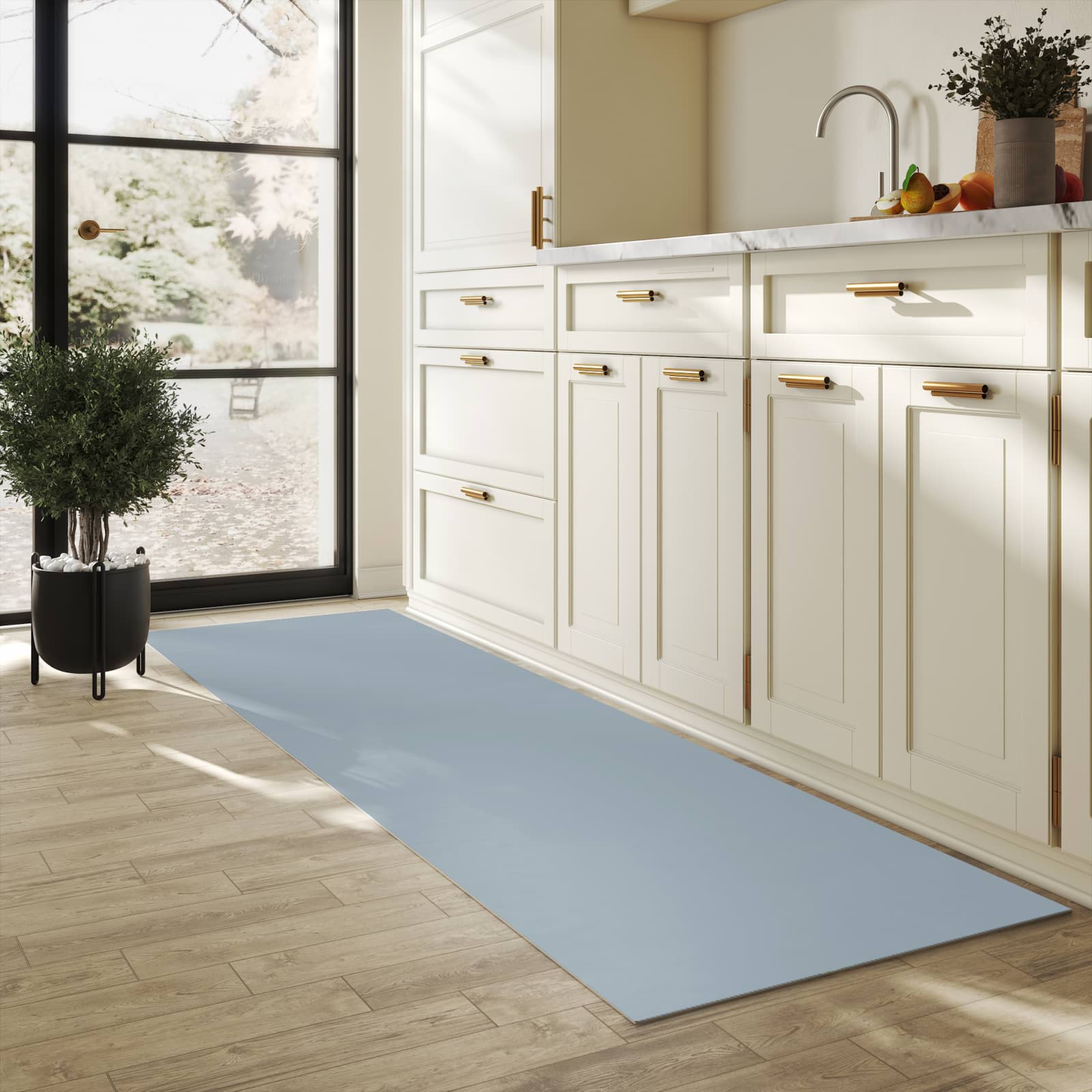 Rutschfester Küchenläufer mit Grauer Hintergrund II-Motiv in der Küche, schützt Boden