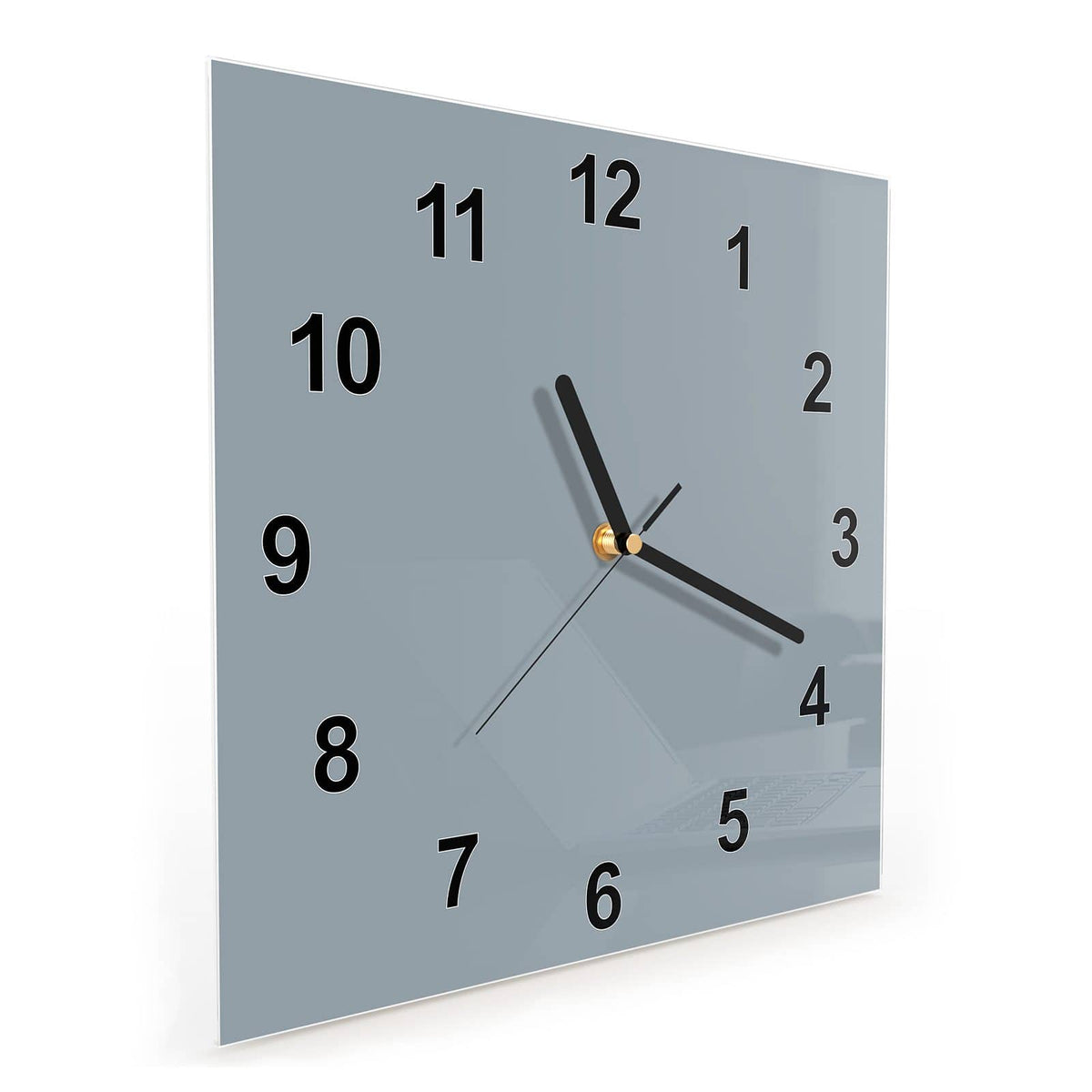 Quadratische Wanduhr aus Glas Schiefergrau schräg von der Seite, 4 mm starkes Glas