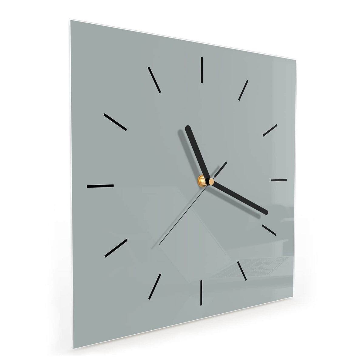 Quadratische Wanduhr aus Glas Nebelgrau schräg von der Seite, 4 mm starkes Glas