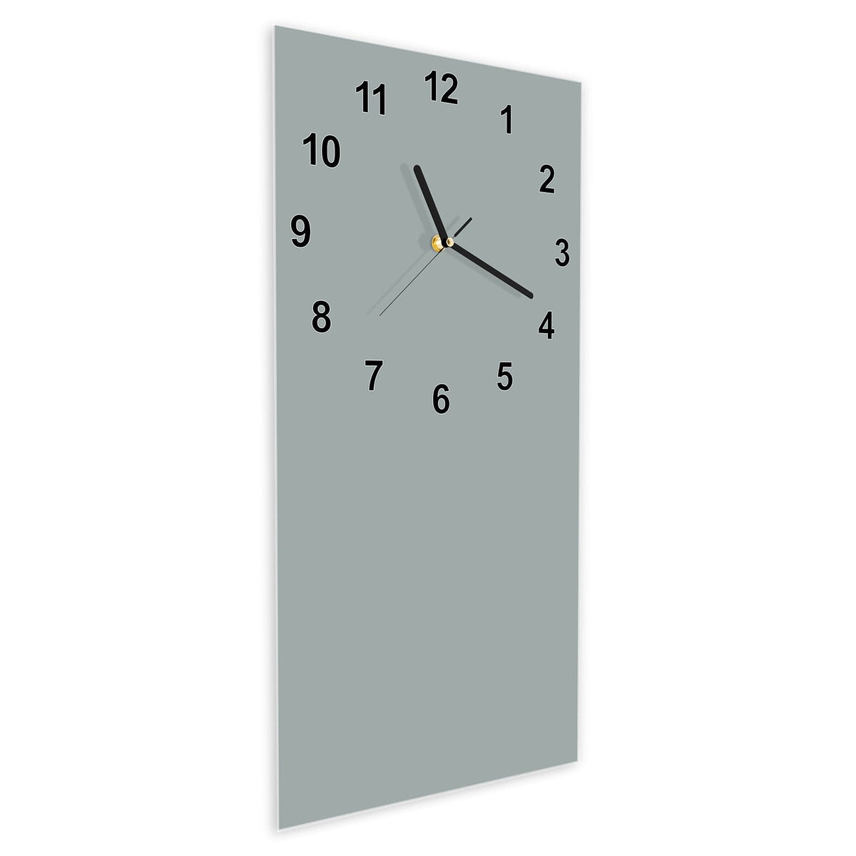Wanduhr aus Glas im Hochformat Nebelgrau schräg von der Seite, 4 mm starkes Glas