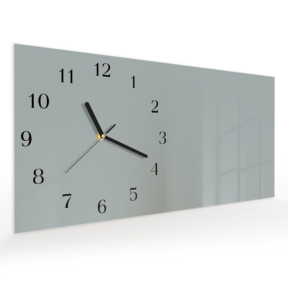 Vormontiert – mit Schwebeeffekt – Wanduhr Grauer Hintergrund III aus Glas – Querformat 60 × 30 cm