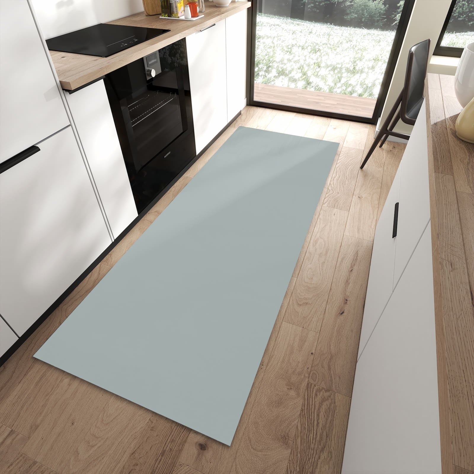 Grüner Küchenläufer mit Grauer Hintergrund III-Motiv in moderner Küche, einfach zu reinigen