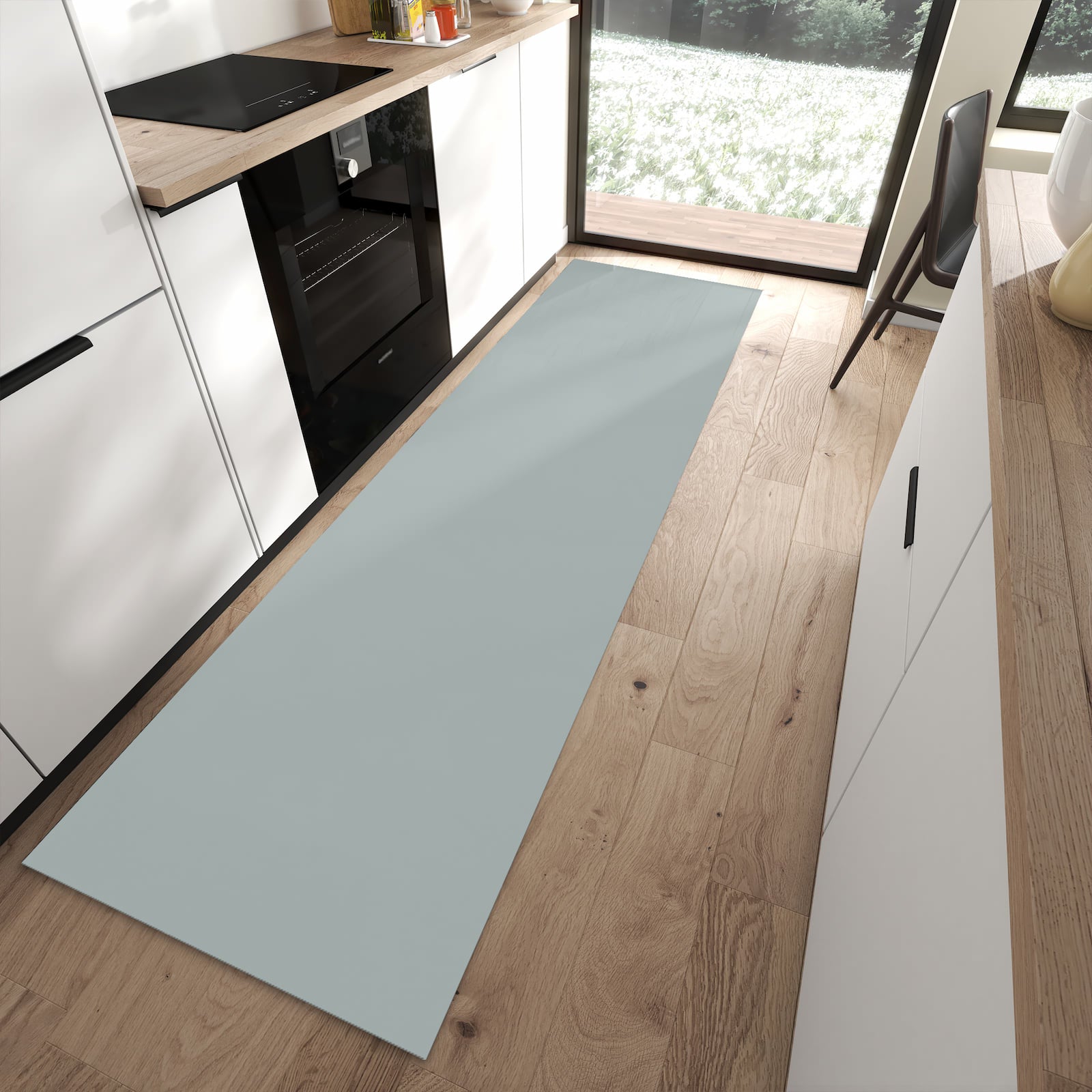 Schmutzabweisender Teppich mit Grauer Hintergrund III-Motiv in moderner Küche