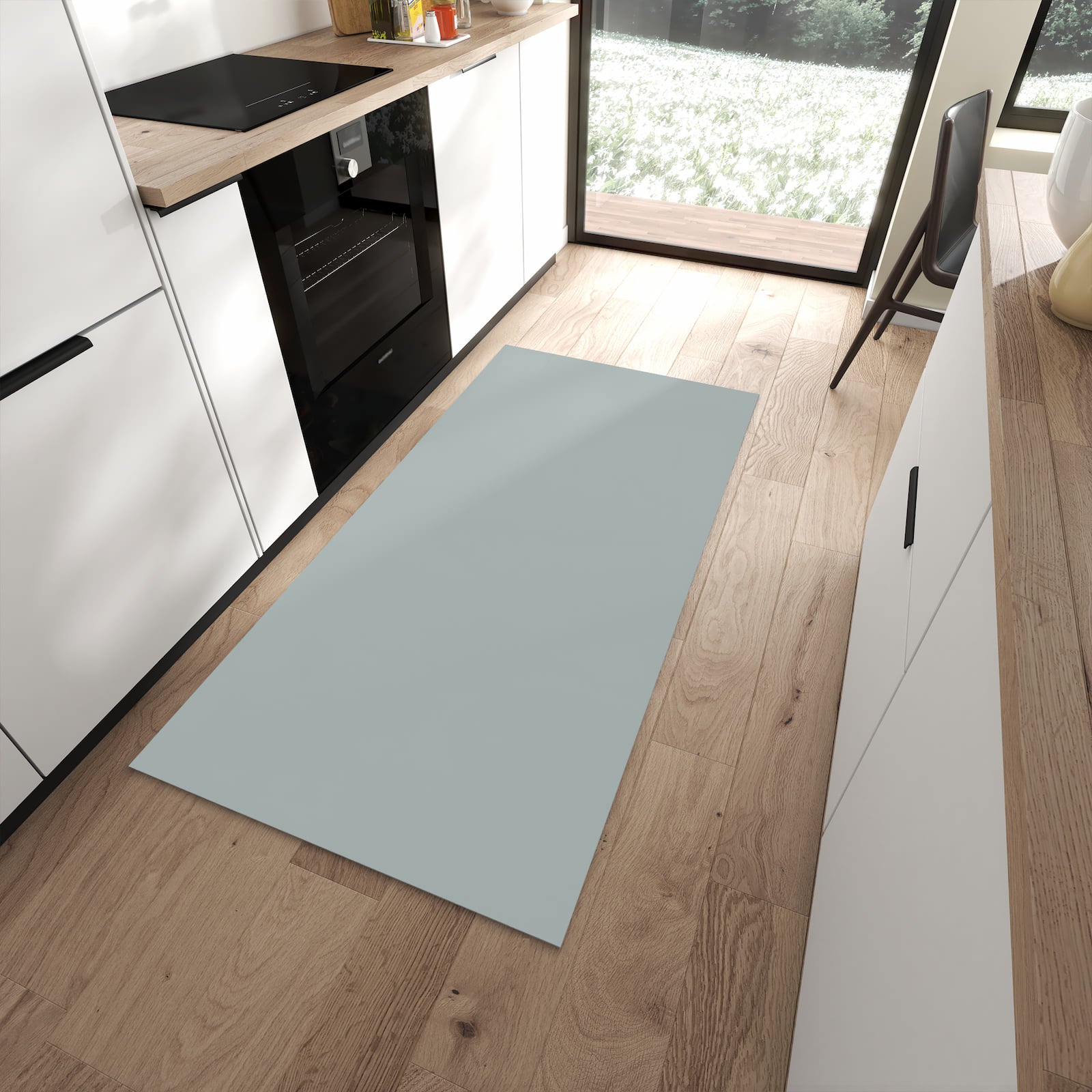 Rutschfester Küchenteppich mit Grauer Hintergrund III-Motiv in moderner Küche, Trittkomfort