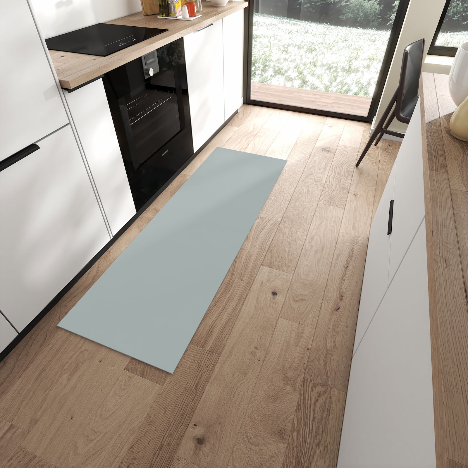 Küchenläufer mit Grauer Hintergrund III-Motiv in moderner Küche, angenehme Haptik