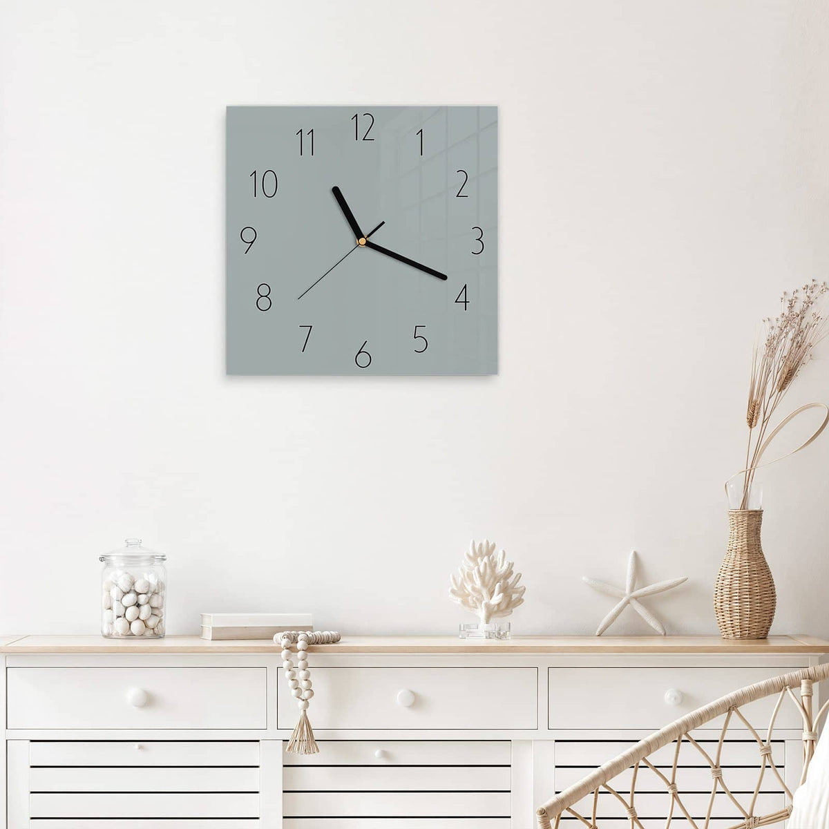 Wanduhr Nebelgrau aus Glas – Quadratisch 30 × 30 cm – Ruhiges Grau als schlichte Fläche