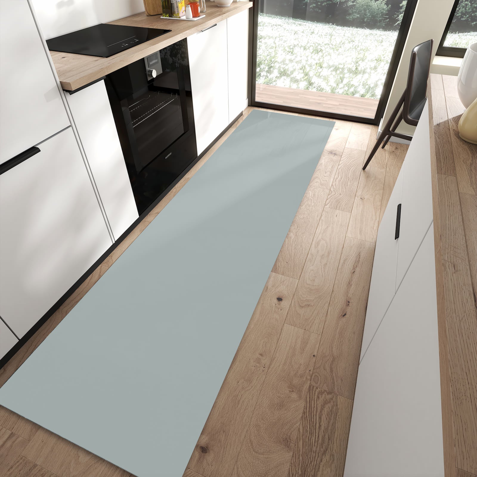 Wasserabweisender Küchenteppich grau mit Grauer Hintergrund III-Motiv in moderner Küche