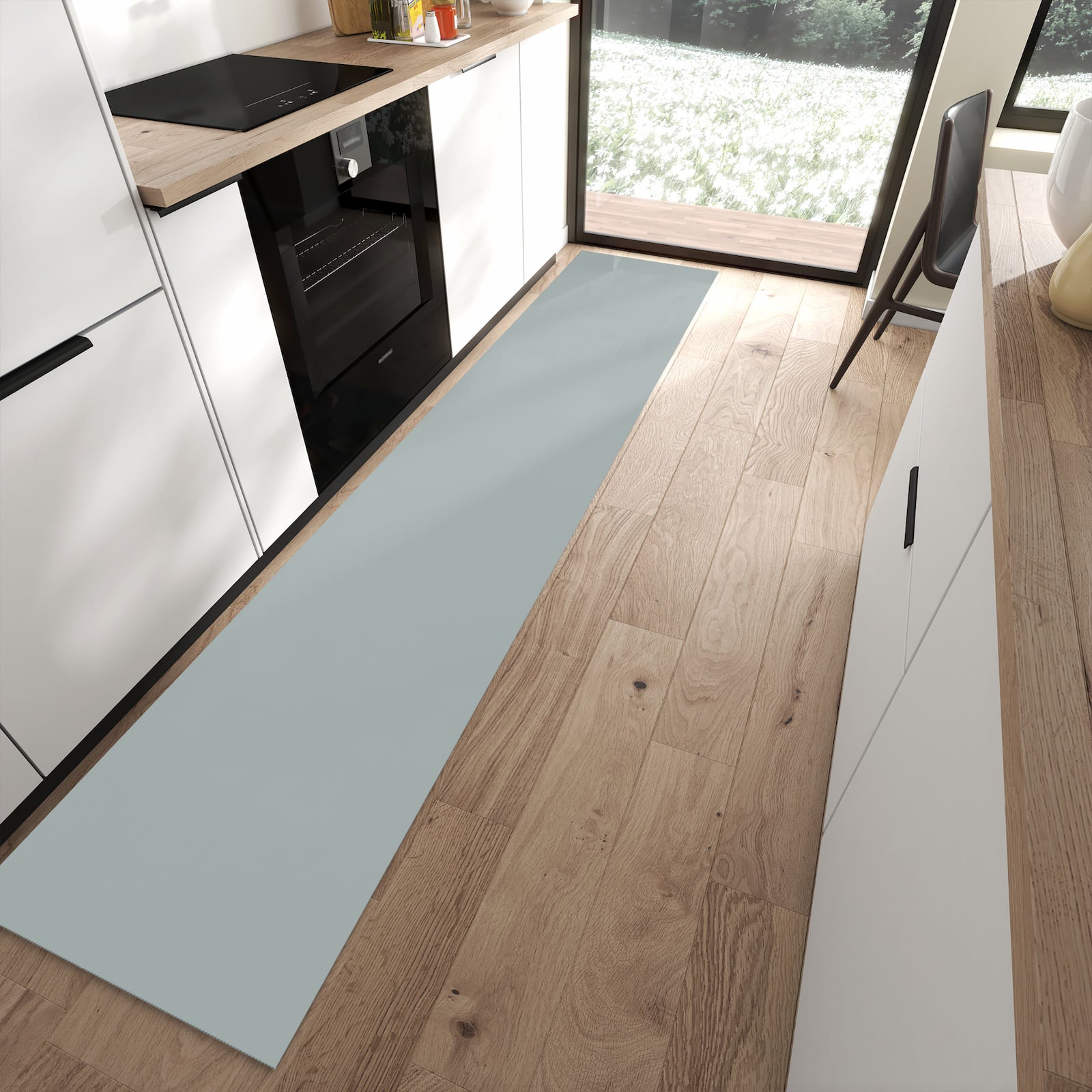 Dünner Küchenläufer mit Grauer Hintergrund III-Motiv in moderner Küche, sicher aufbewahren