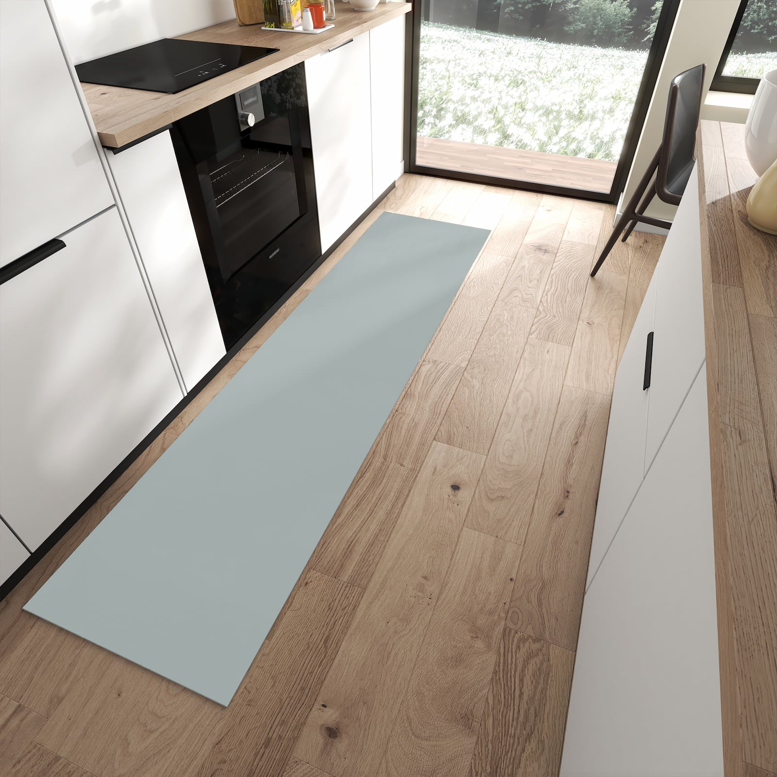 Abriebfester Küchenläufer mit Grauer Hintergrund III-Motiv in moderner Küche für Eingangsbereich