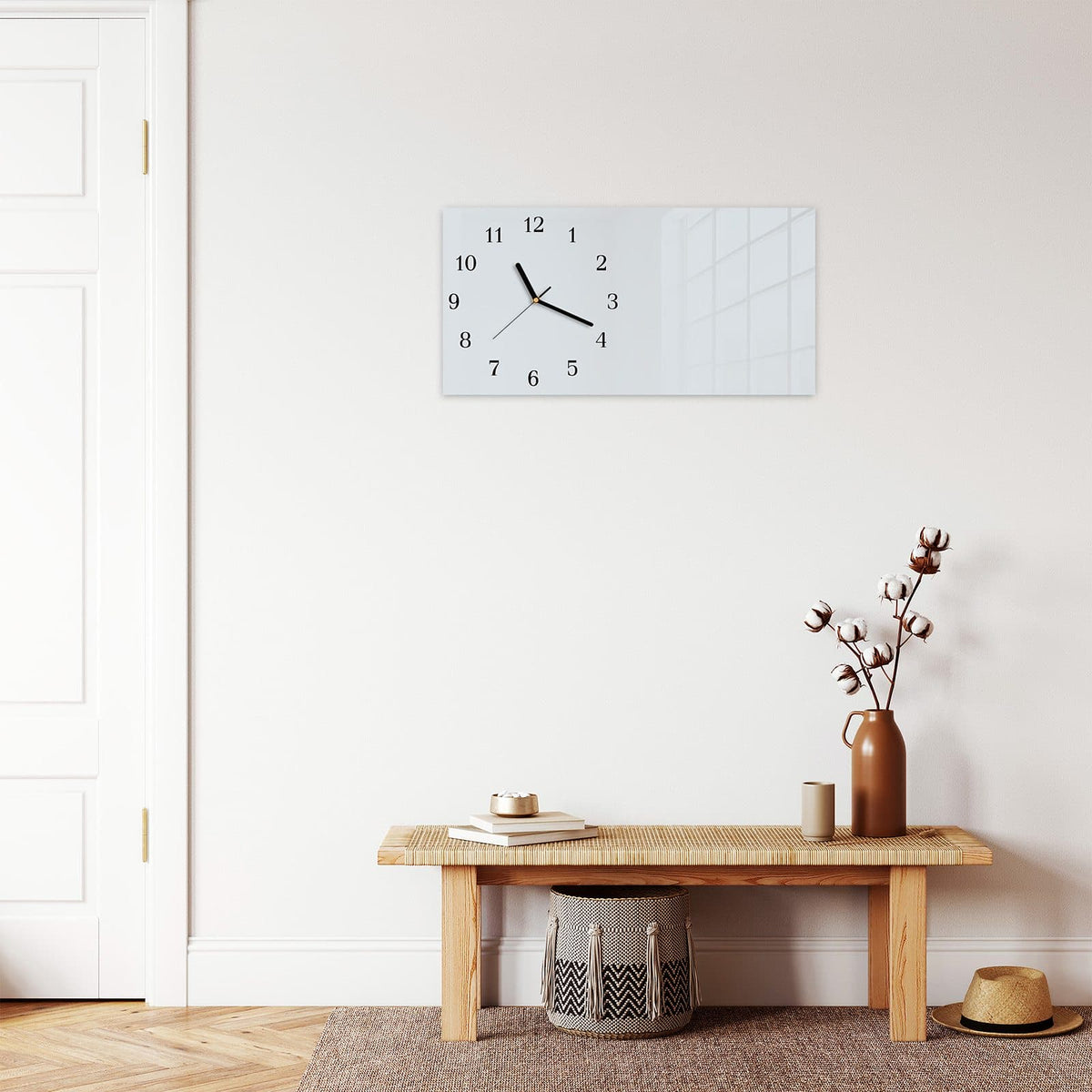 Moderne Wanduhr aus Glas mit Farbtiefe – Wanduhr Hellgrauer Hintergrund aus Glas – Querformat 60 × 30 cm