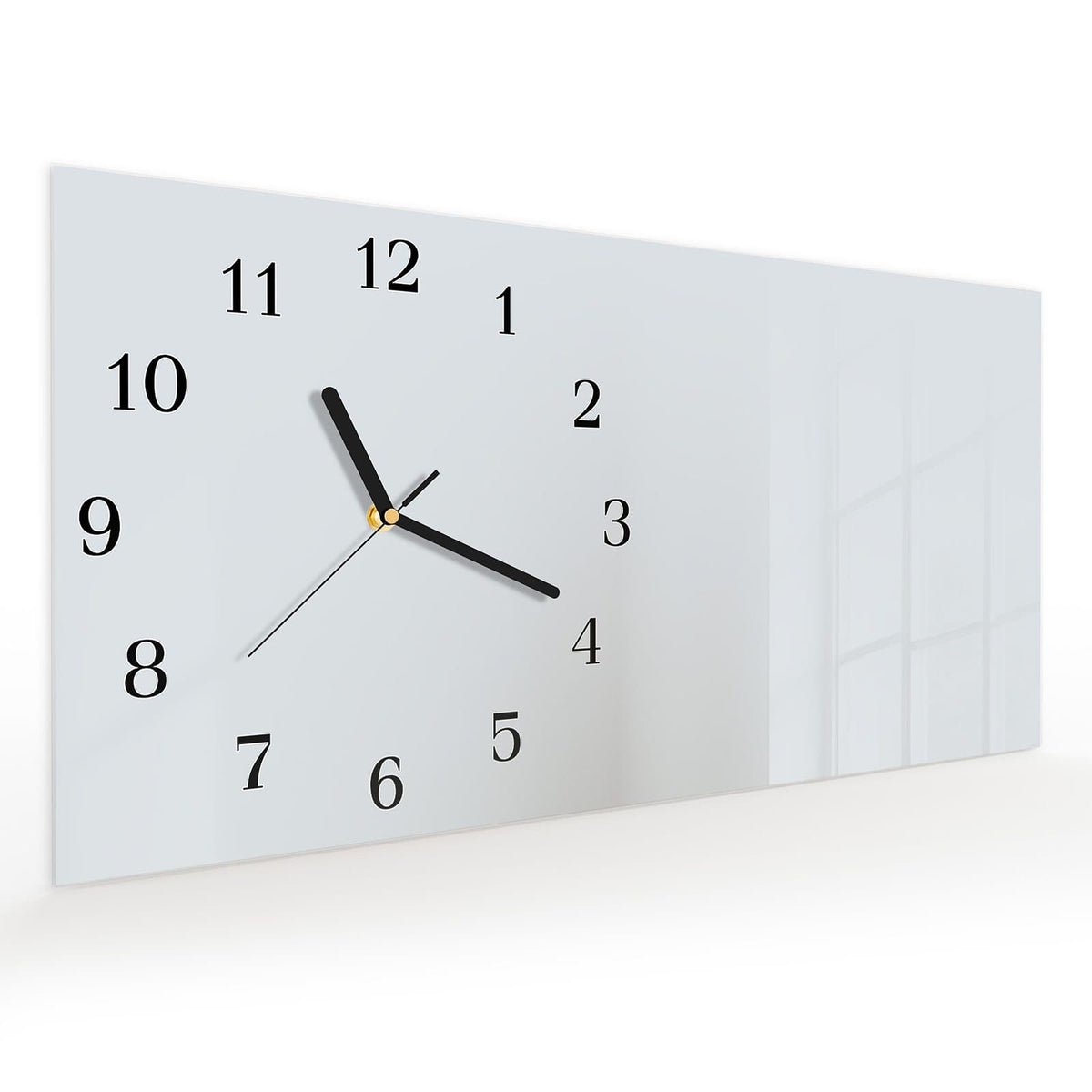 Vormontiert – mit Schwebeeffekt – Wanduhr Hellgrauer Hintergrund aus Glas – Querformat 60 × 30 cm