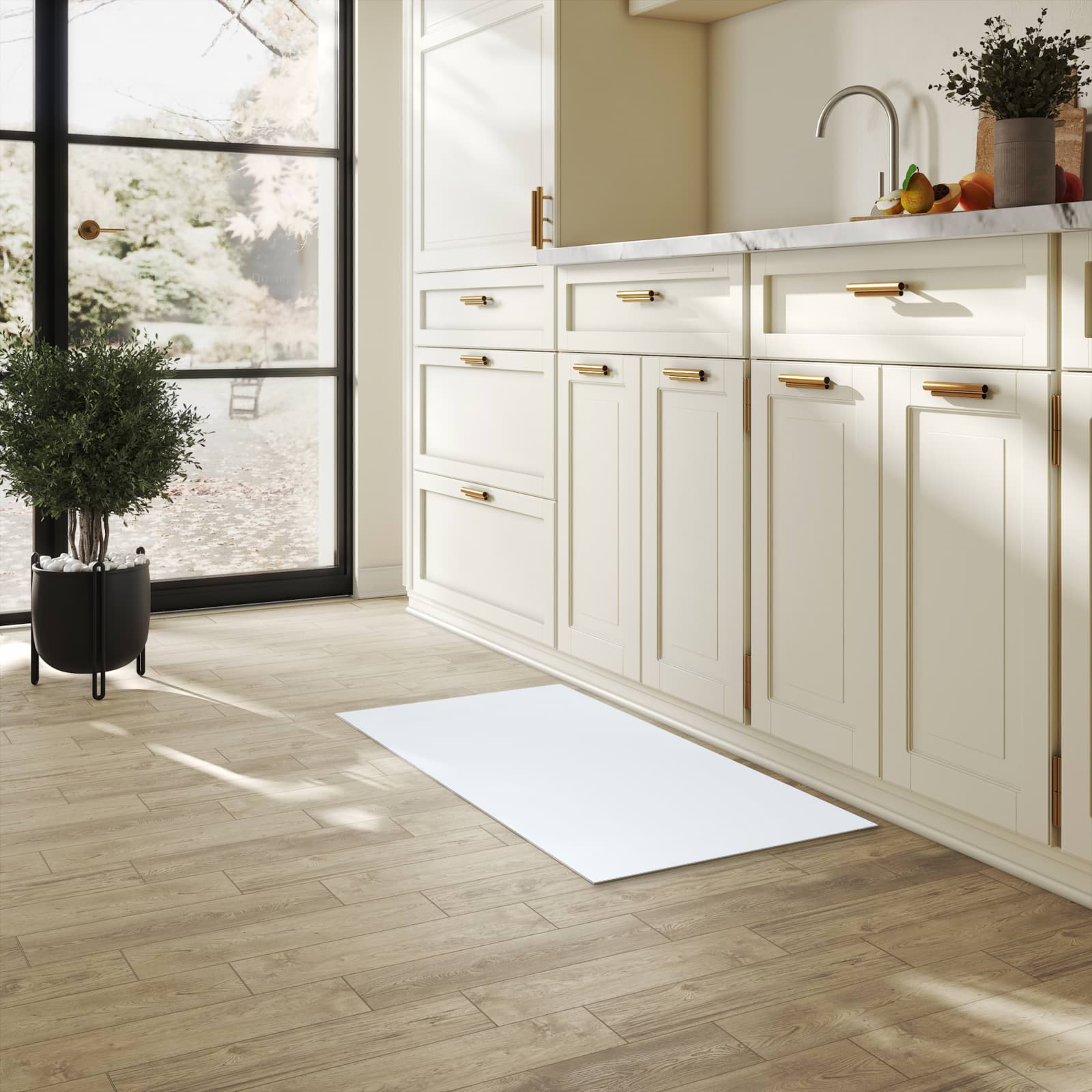 Rutschfester Küchenläufer mit hellgrauem Hintergrund-Motiv in der Küche