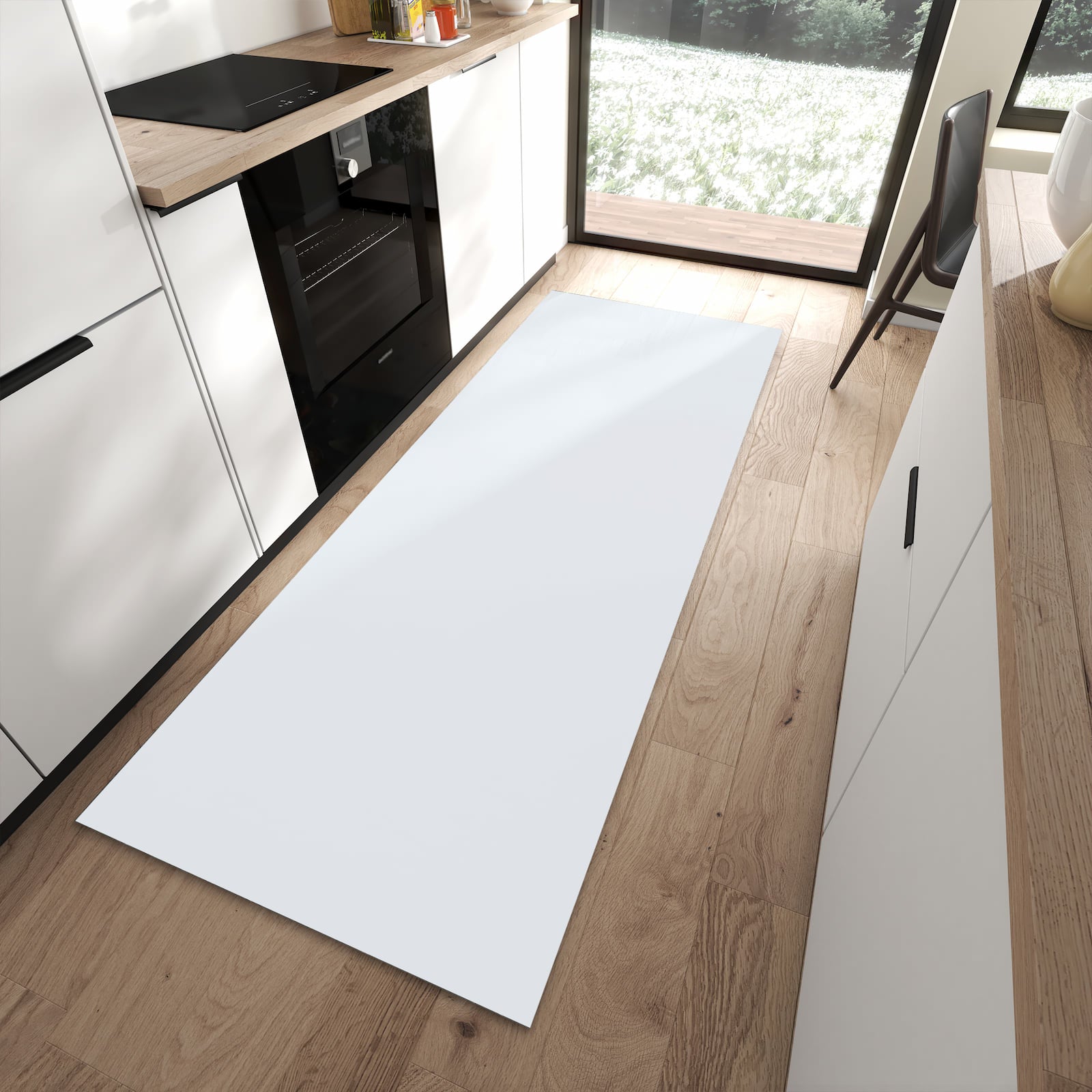 Strapazierfähiger Küchenläufer mit hellgrauem Hintergrund-Motiv in moderner Küche