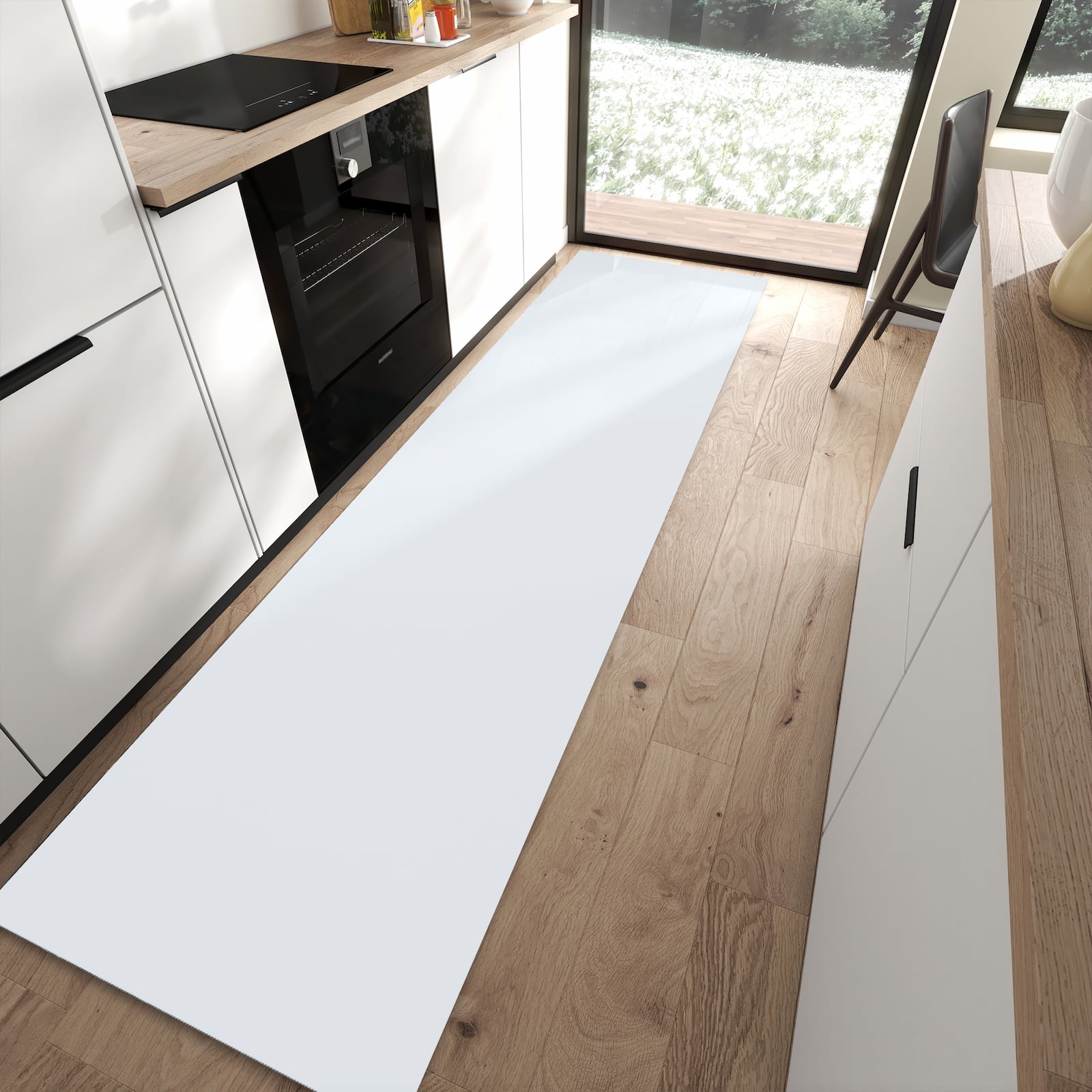 Pflegeleichter Küchenteppich mit hellgrauem Hintergrund-Motiv in moderner Küche