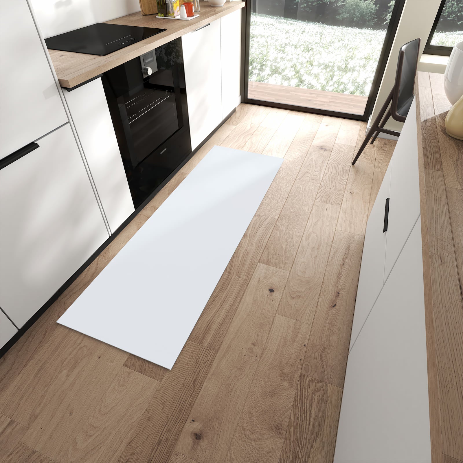 Dünner Küchenläufer mit hellgrauem Hintergrund-Motiv in moderner Küche, geruchsneutral