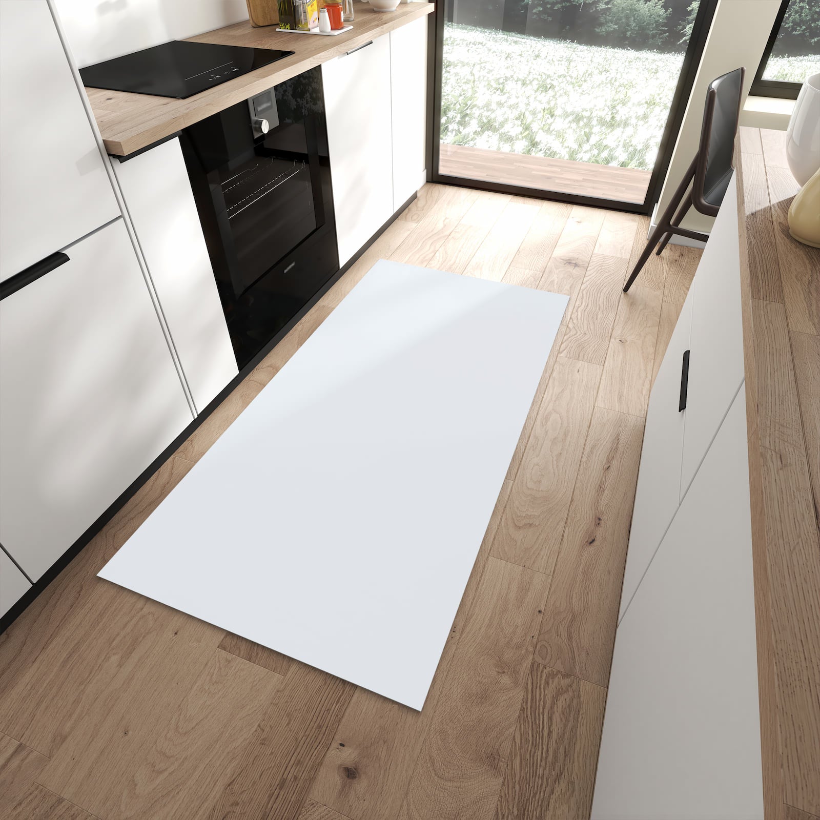 Rutschhemmender Küchenläufer mit hellgrauem Hintergrund-Design in moderner Küche