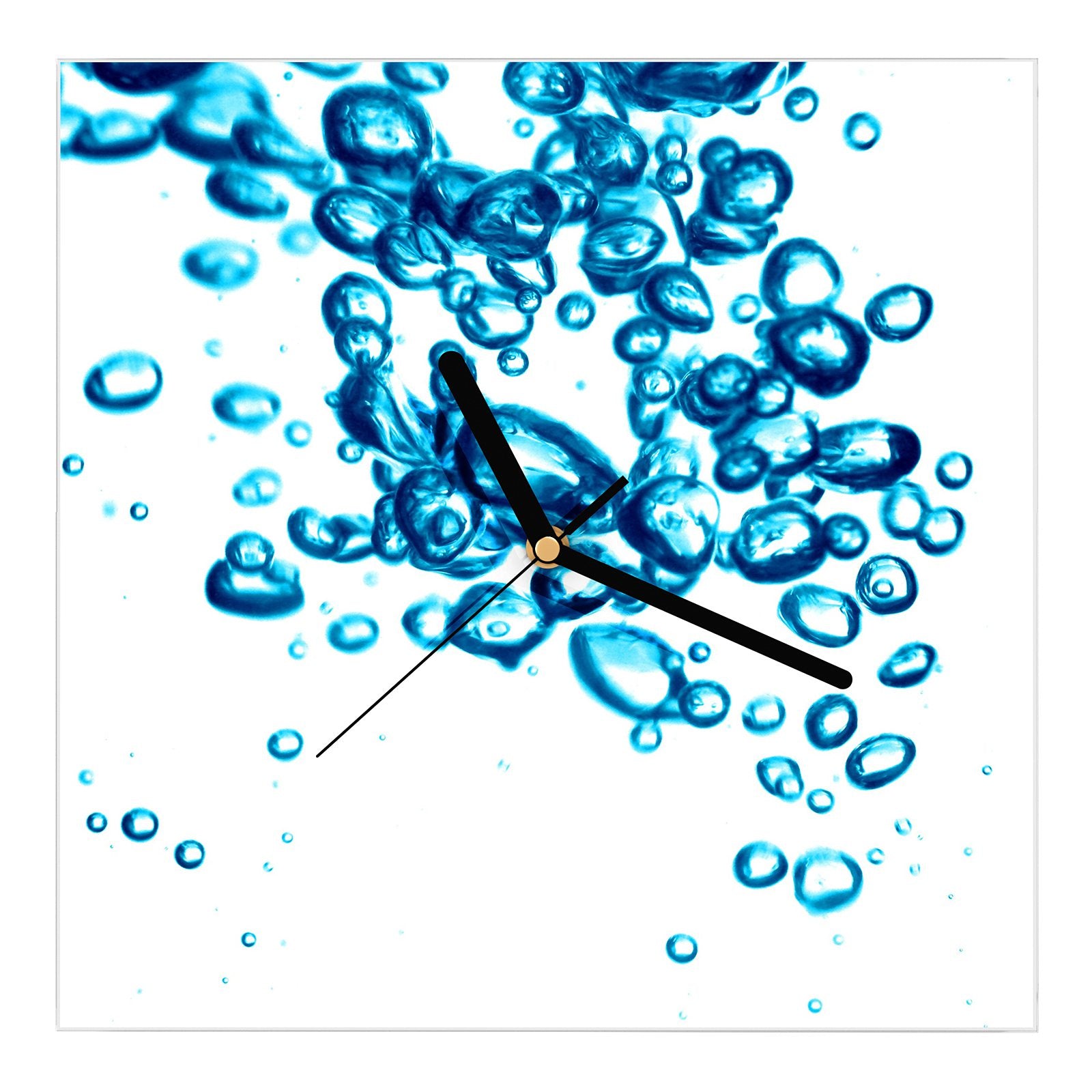 Wanduhr aus Glas Wasser
mit blauen Bläschen