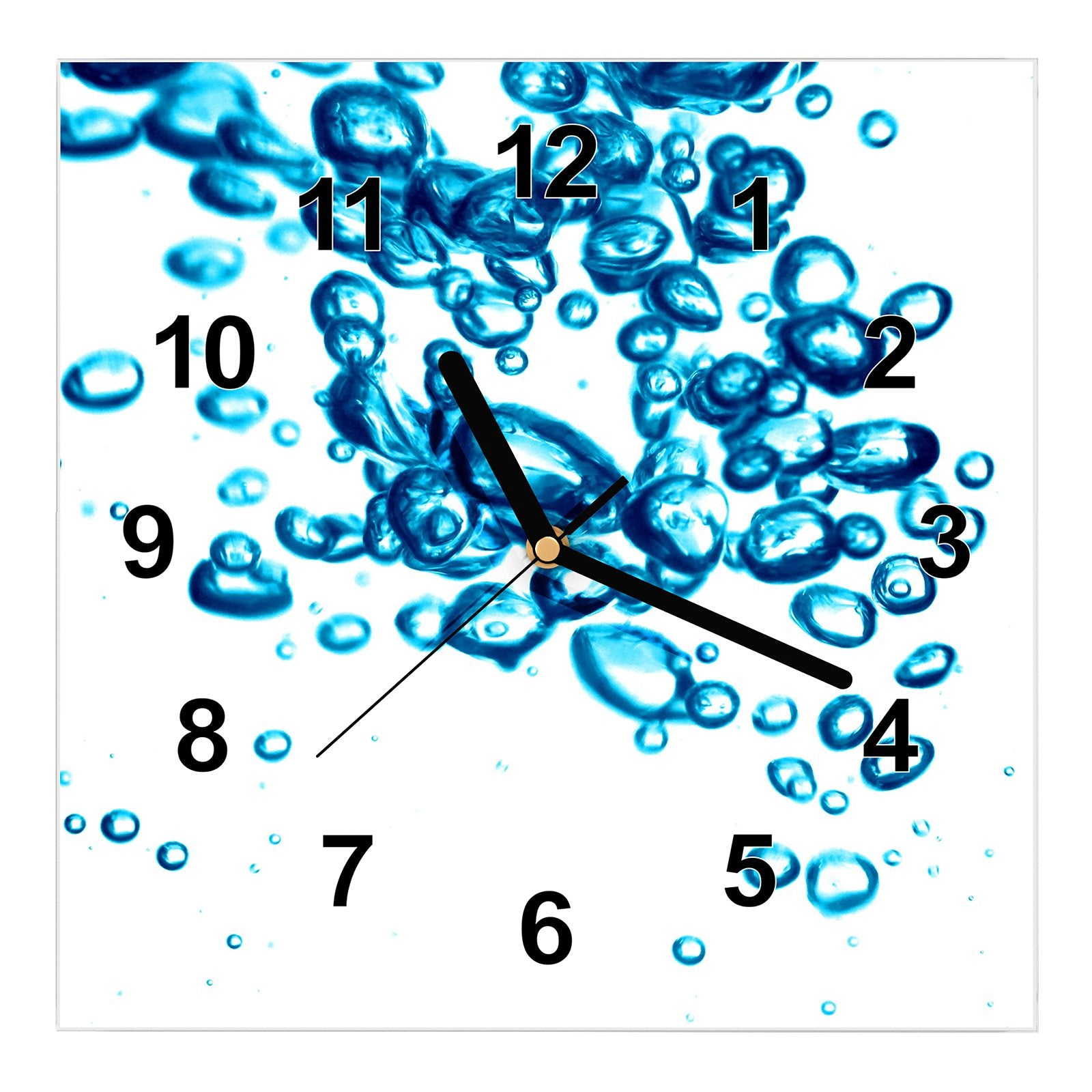 Wanduhr aus Glas Wasser
mit blauen Bläschen