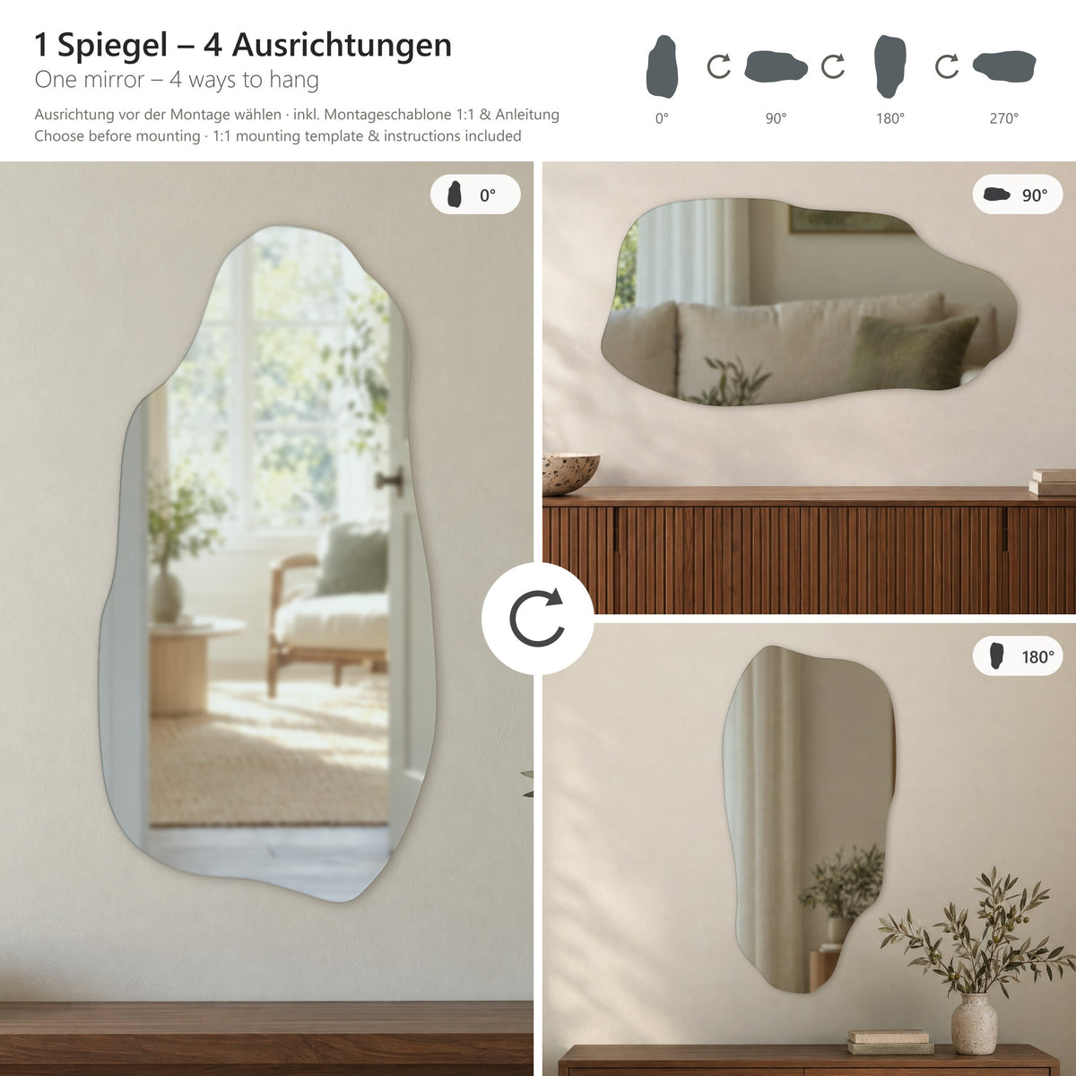 Asymmetrischer Wandspiegel Silhouette 50 × 100 cm in vier Aufhänge-Ausrichtungen: 0, 90, 180 und 270 Grad