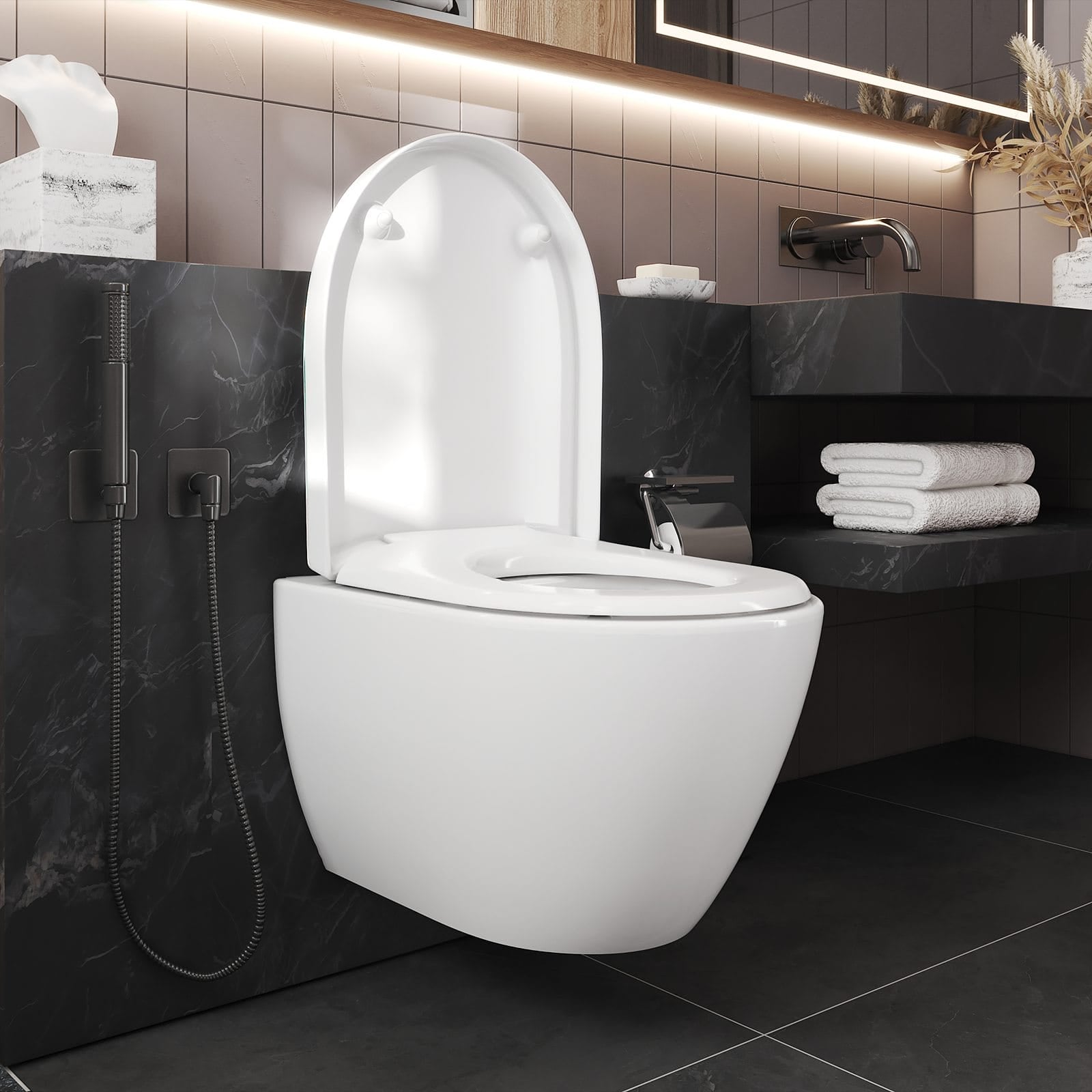 Softclose-WC-Sitz mit Motiv Winterzweig Schnee - geöffneter WC-Sitz mit Absenkautomatik