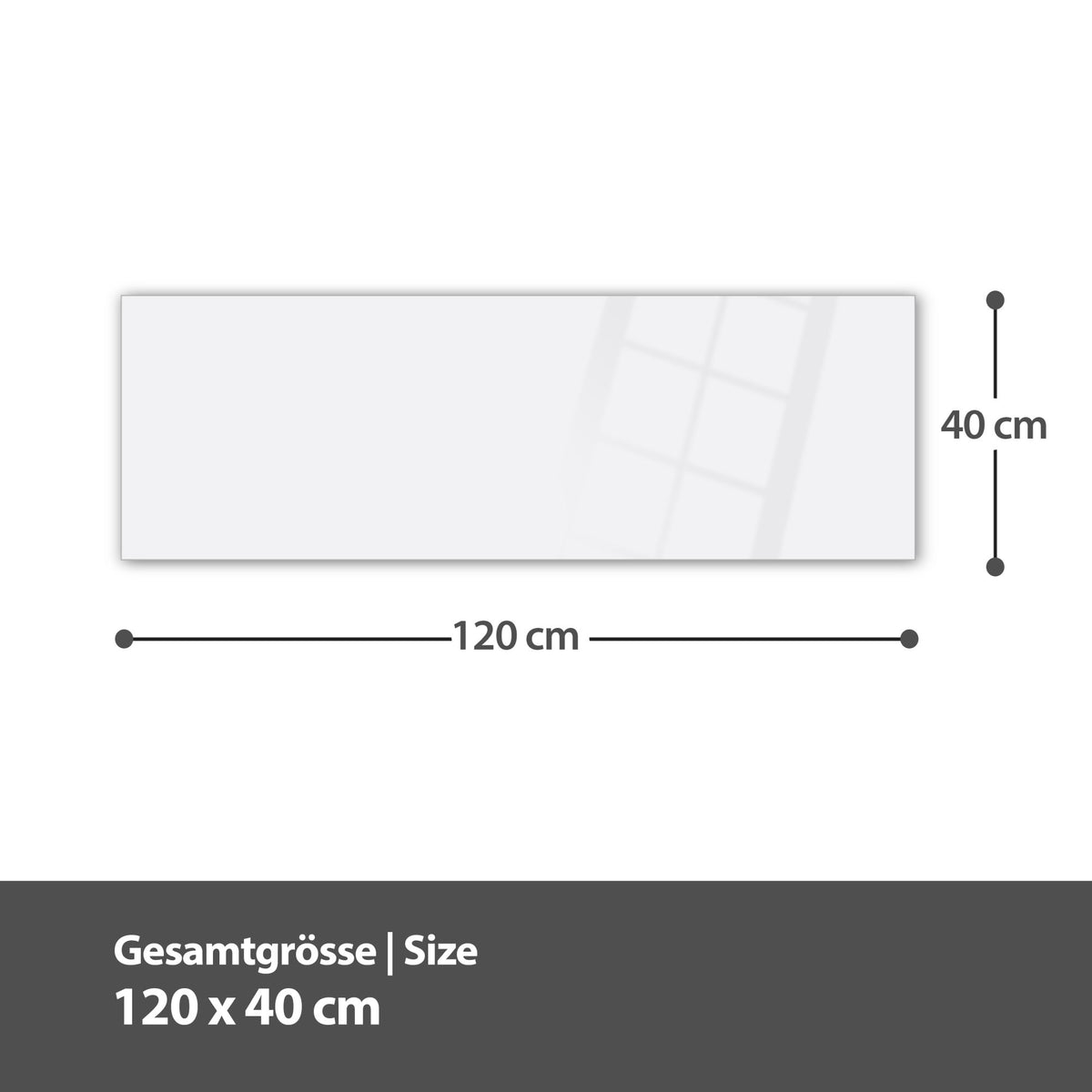 Maßzeichnung des Wandbilds aus Glas Korallenorange: Gesamtgröße 120 × 40 cm