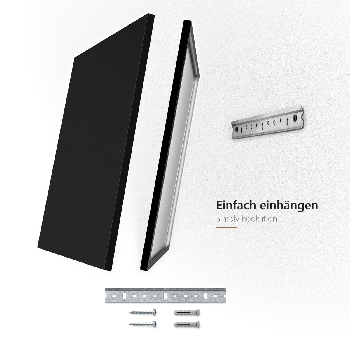 Montage der Kreidetafel: Einhängeschiene mit Schrauben und Dübeln, Tafel einfach einhängen