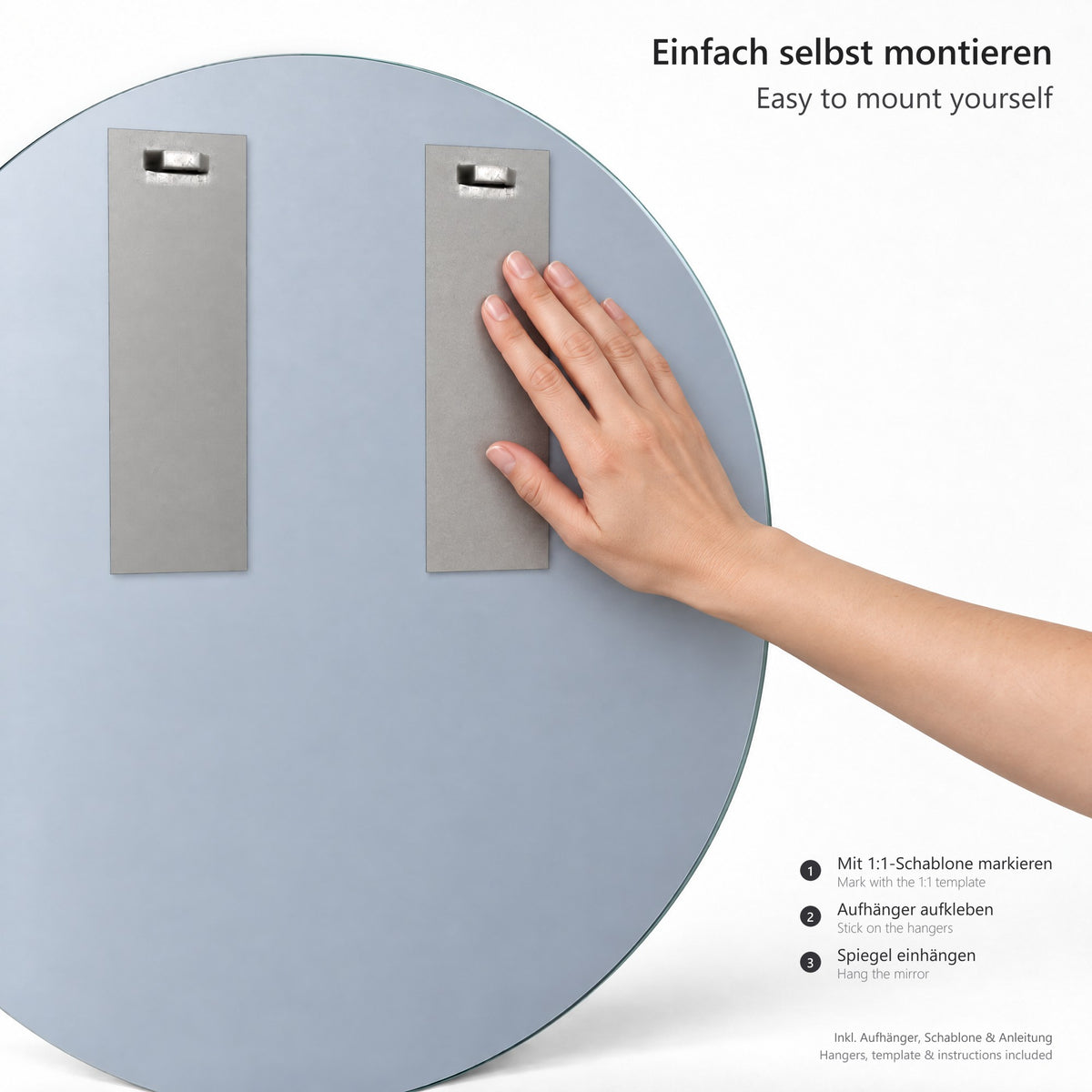 Runder Wandspiegel Luna 60 × 60 cm – Montageset mit Aufhängeblechen, Klebestreifen und Bohrschablone im Maßstab 1:1