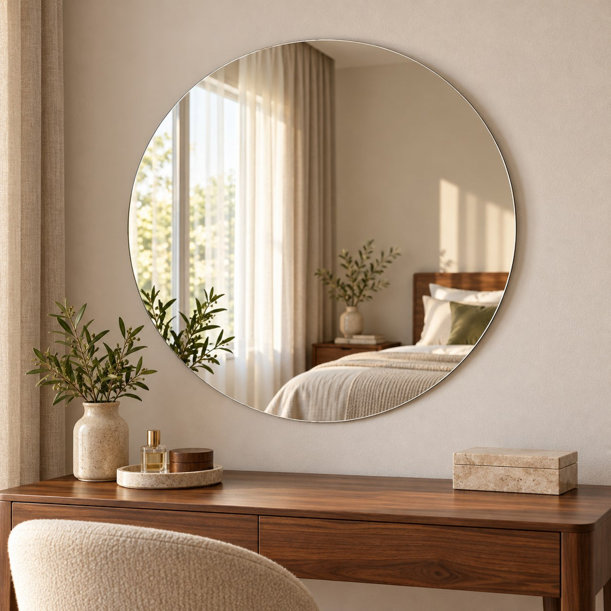 Runder Wandspiegel Luna 60 × 60 cm, rahmenlos, im Schlafzimmer
