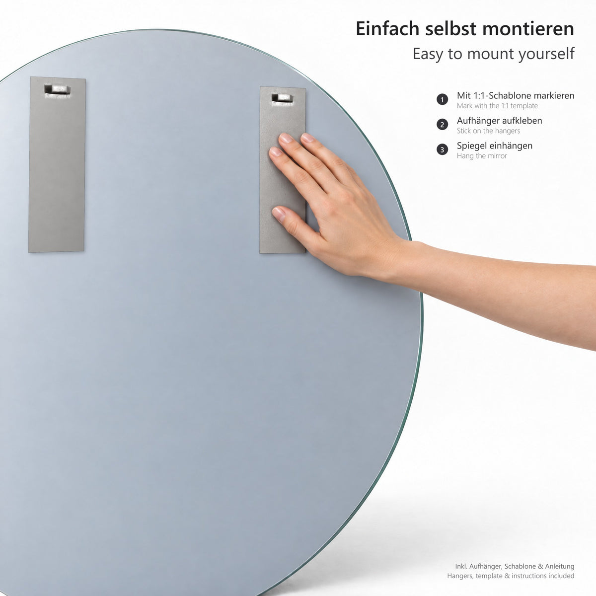 Runder Wandspiegel Luna 90 × 90 cm – Montageset mit Aufhängeblechen, Klebestreifen und Bohrschablone im Maßstab 1:1