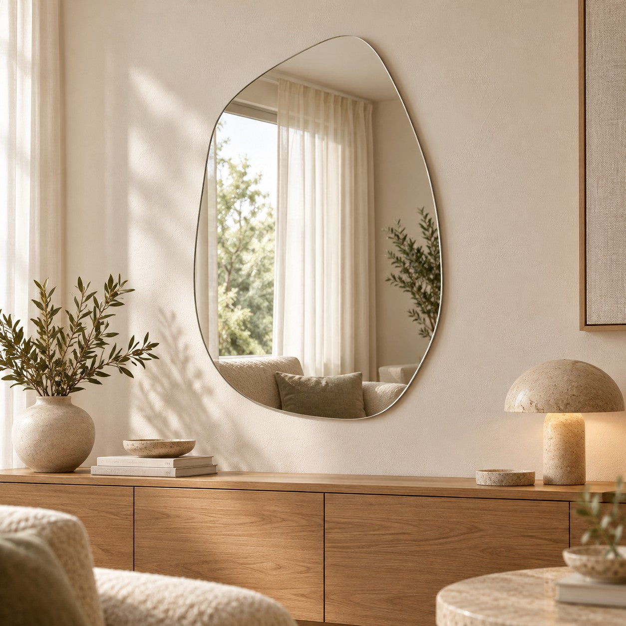 Asymmetrischer Wandspiegel Lagune im Wohnzimmer